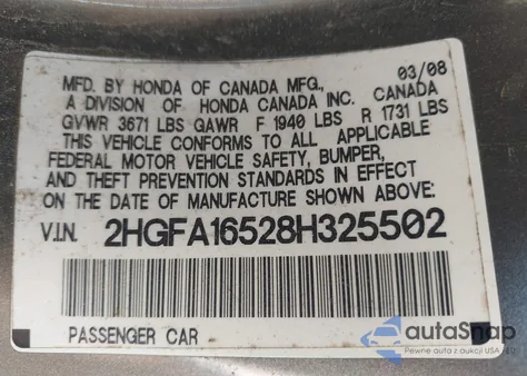 2008 Honda Civic Lx from USA, damaged, VIN 2HGFA16528H325502